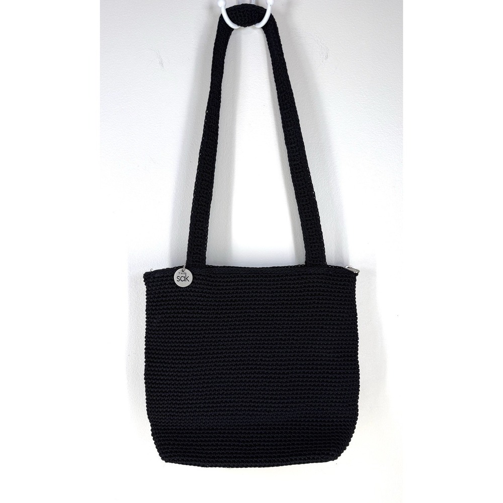 The Sak Black Crochet Shoulder Bag Zip Closure Logo Charm Classic 12x10 Purse